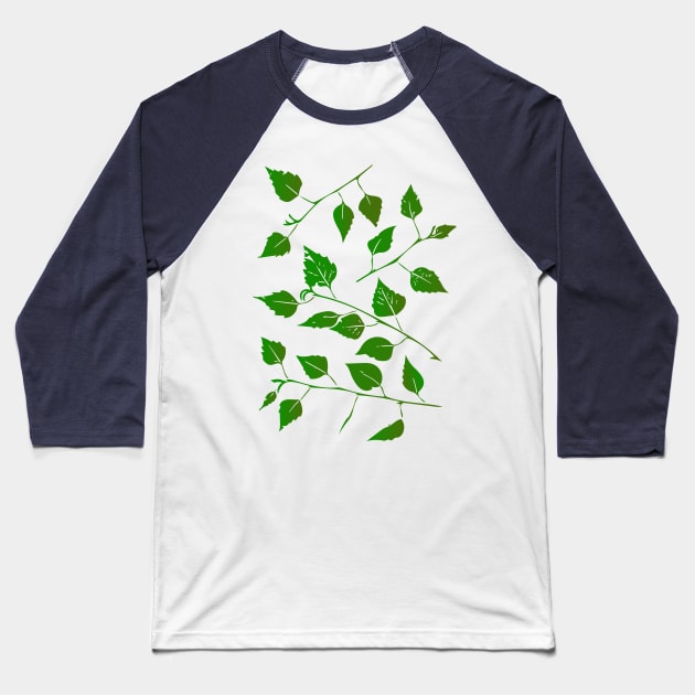 Birch Tree Leaf and Stem Forest Pattern (on navy) Baseball T-Shirt by Davey's Designs